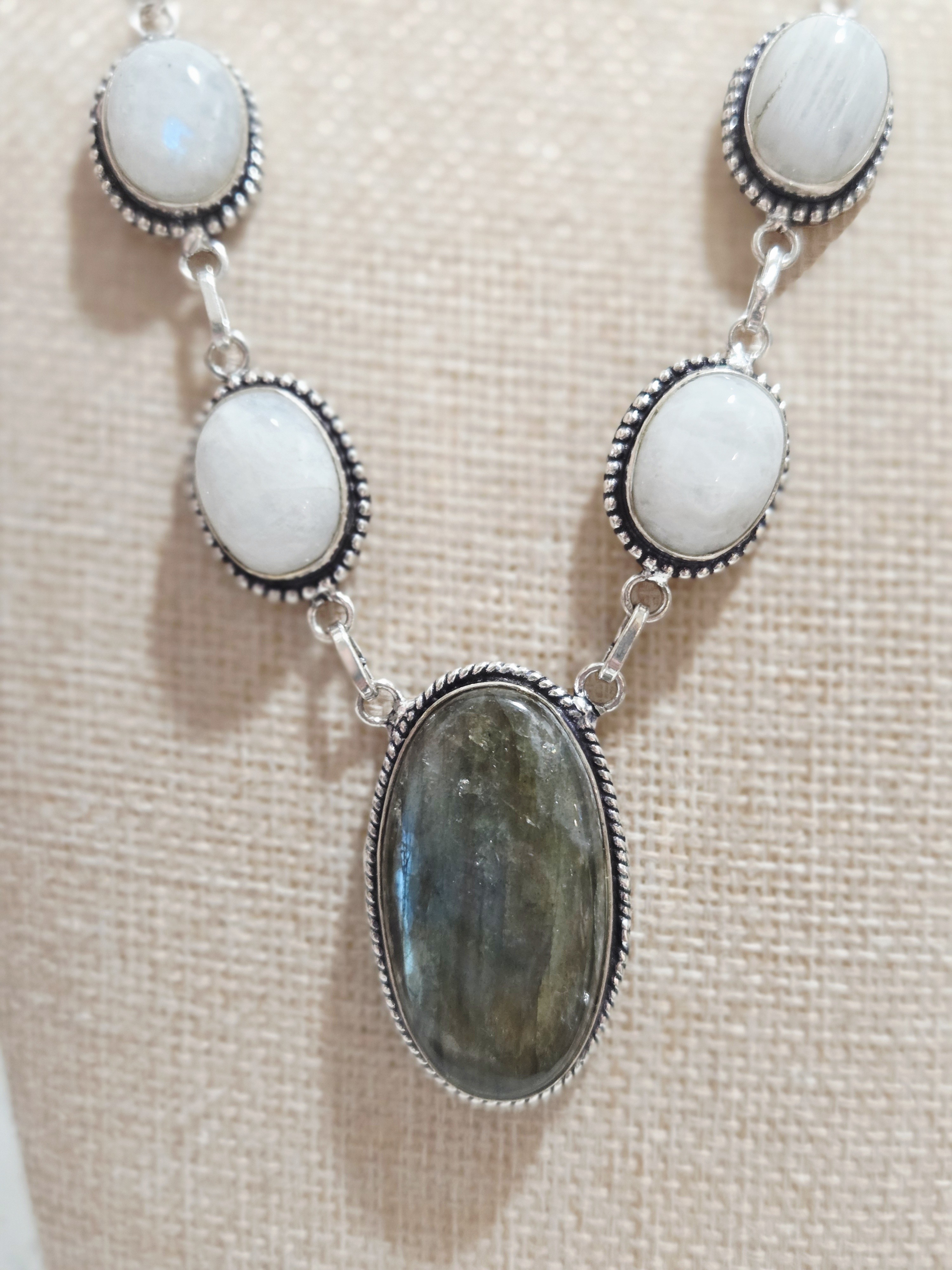 Sterling Silver Labradorite And Moonstone Statement Necklace - 20"